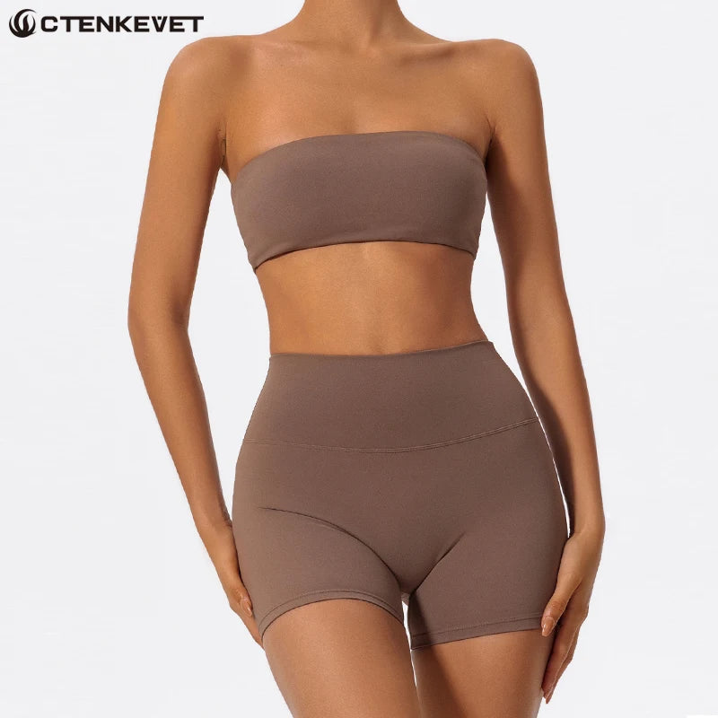 Two Piece Fitness Sports Set Women Workout Yoga Outfit Strapless Bra Woman 2Ps Gym Crop Top Deportivos Mujer Gym Suits