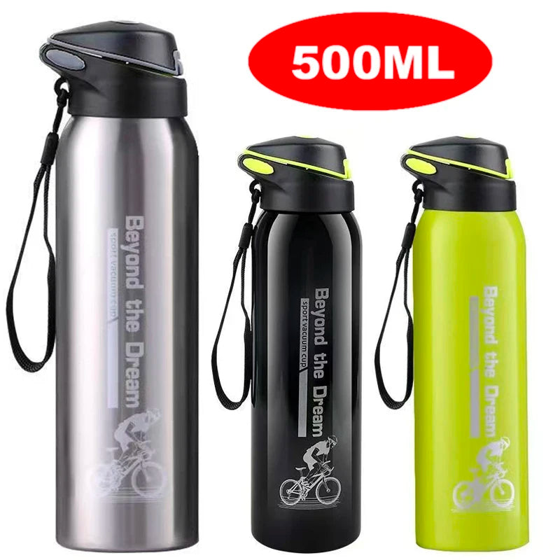 500ML Bicycle Water Bottle Vacuum Stainless Steel Cycling Water Bottle Double Walled Simple Thermo Mug Insulated with Straw
