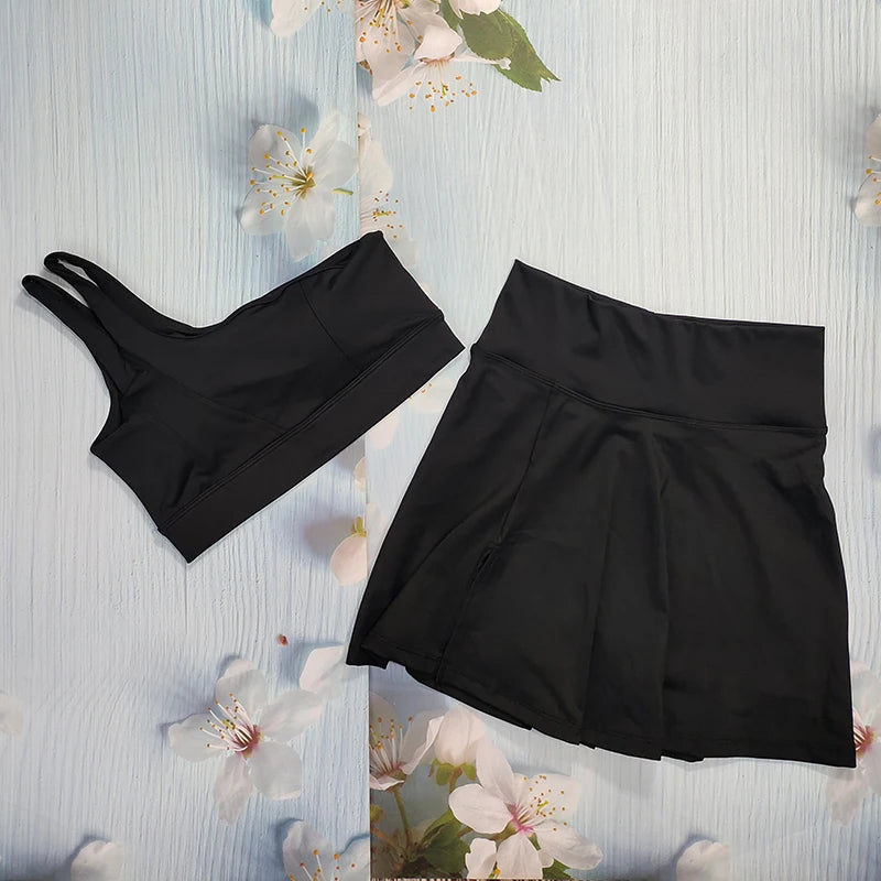 Yoga Skirt Set Women Workout Sport Suits Gym Wear High Wais Fitness Crop Top Female Tennis Sportswear One Shoulder Bra Female