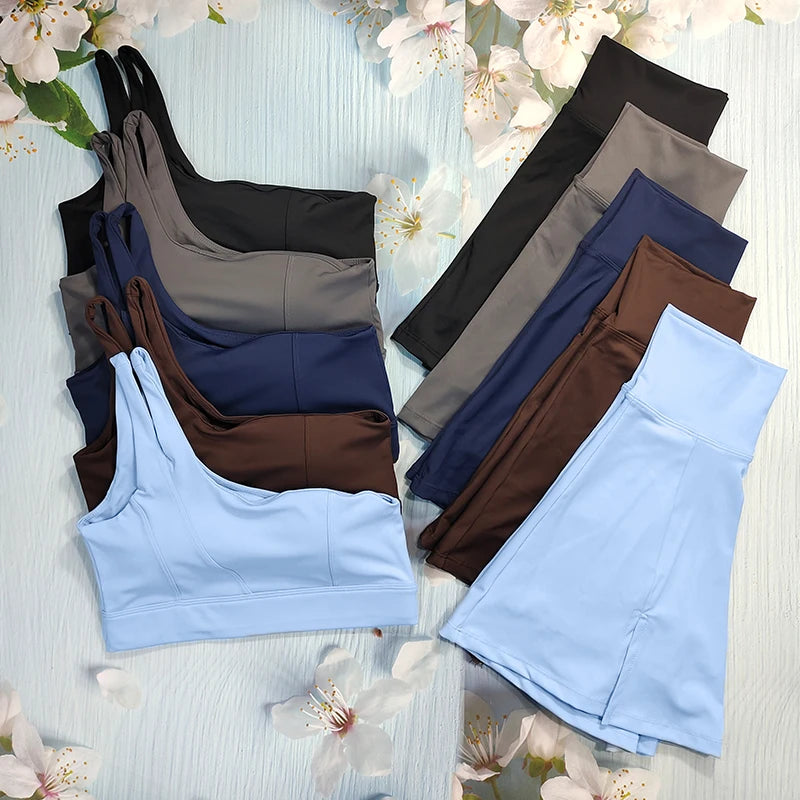 Yoga Skirt Set Women Workout Sport Suits Gym Wear High Wais Fitness Crop Top Female Tennis Sportswear One Shoulder Bra Female