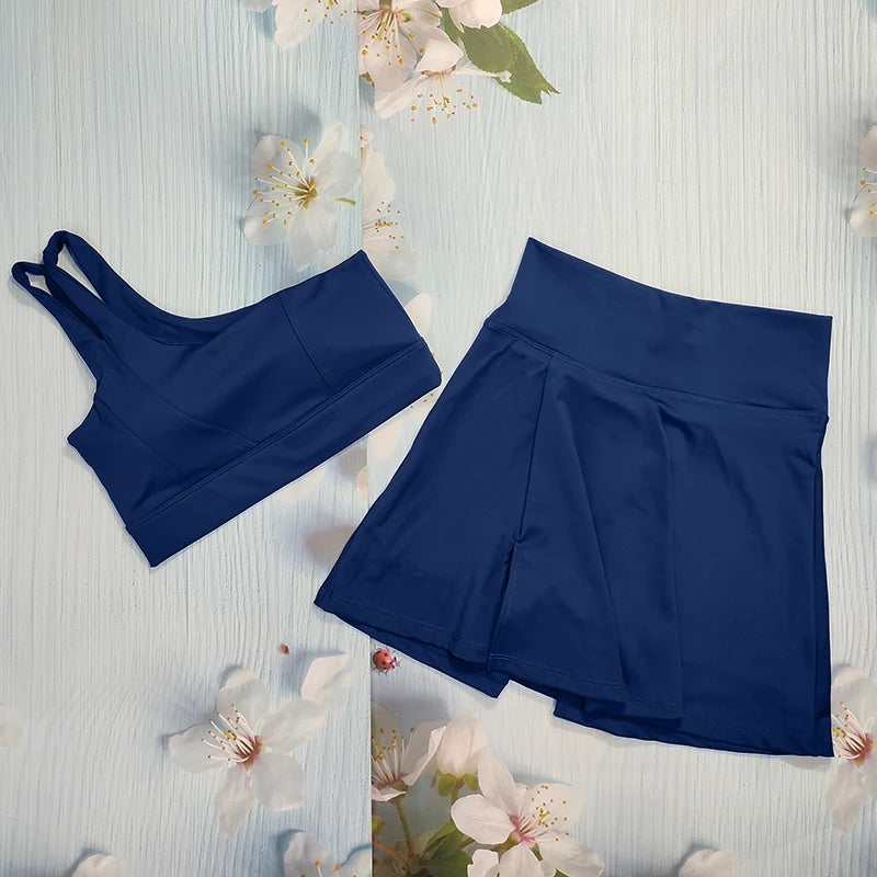 Yoga Skirt Set Women Workout Sport Suits Gym Wear High Wais Fitness Crop Top Female Tennis Sportswear One Shoulder Bra Female