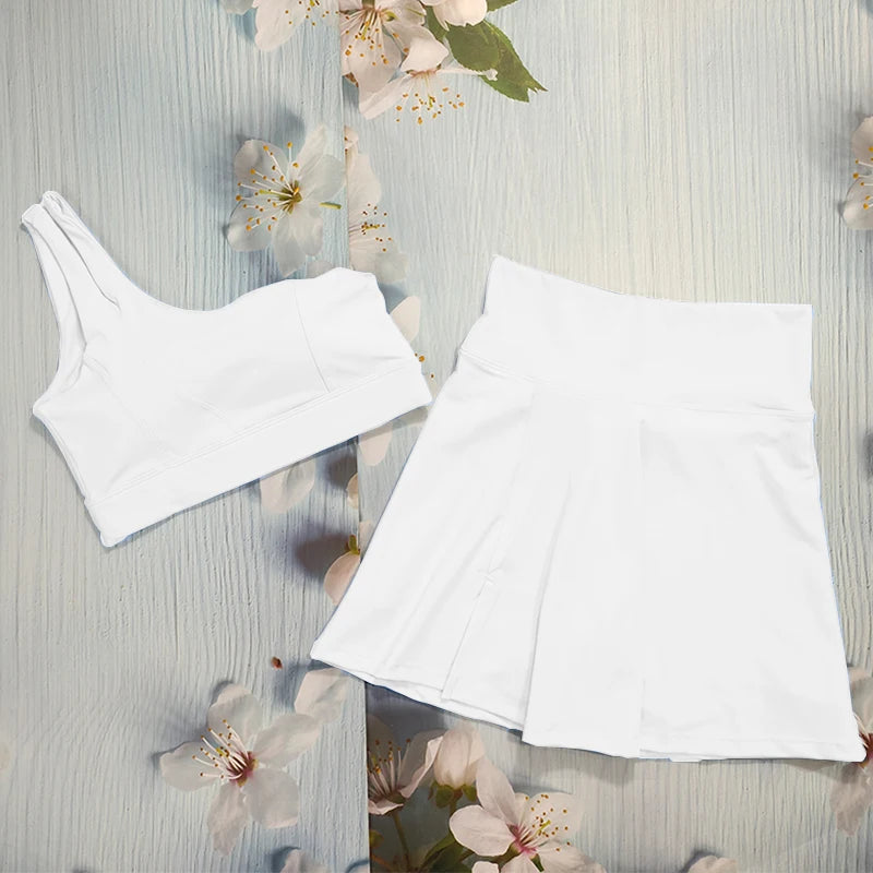Yoga Skirt Set Women Workout Sport Suits Gym Wear High Wais Fitness Crop Top Female Tennis Sportswear One Shoulder Bra Female