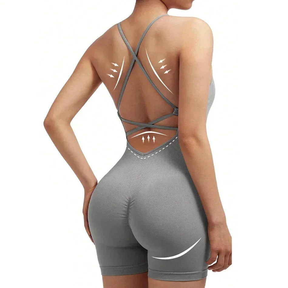 Yoga Sxy Criss Cross Backless Cami Sports Romper,Women'S Jumpsuits Ribbed One Piece Workout Sleeveless Rompers Tank Top Shorts