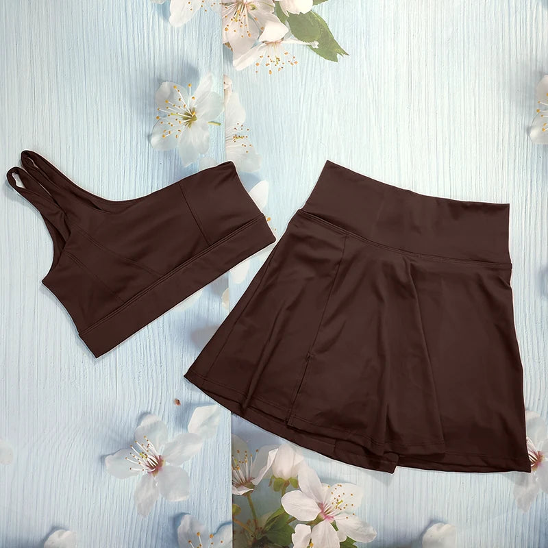 Yoga Skirt Set Women Workout Sport Suits Gym Wear High Wais Fitness Crop Top Female Tennis Sportswear One Shoulder Bra Female