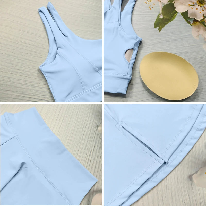 Yoga Skirt Set Women Workout Sport Suits Gym Wear High Wais Fitness Crop Top Female Tennis Sportswear One Shoulder Bra Female
