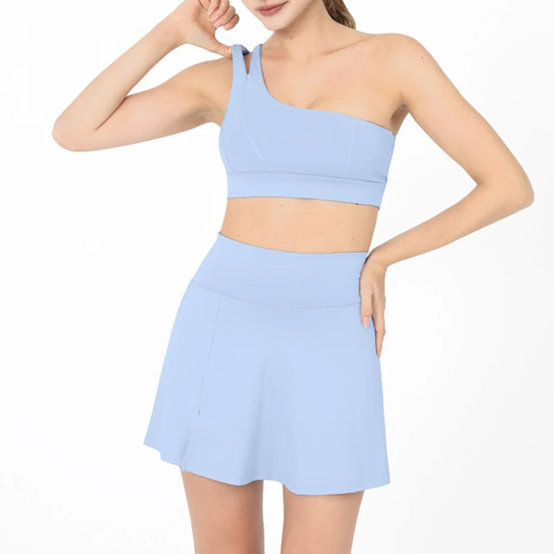 Yoga Skirt Set Women Workout Sport Suits Gym Wear High Wais Fitness Crop Top Female Tennis Sportswear One Shoulder Bra Female